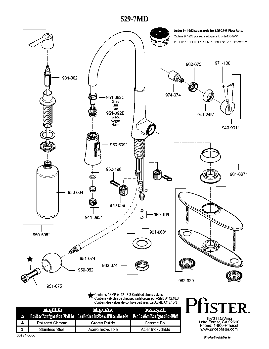 Mystique 1-Handle Pull-Down Kitchen Faucet parts diagram