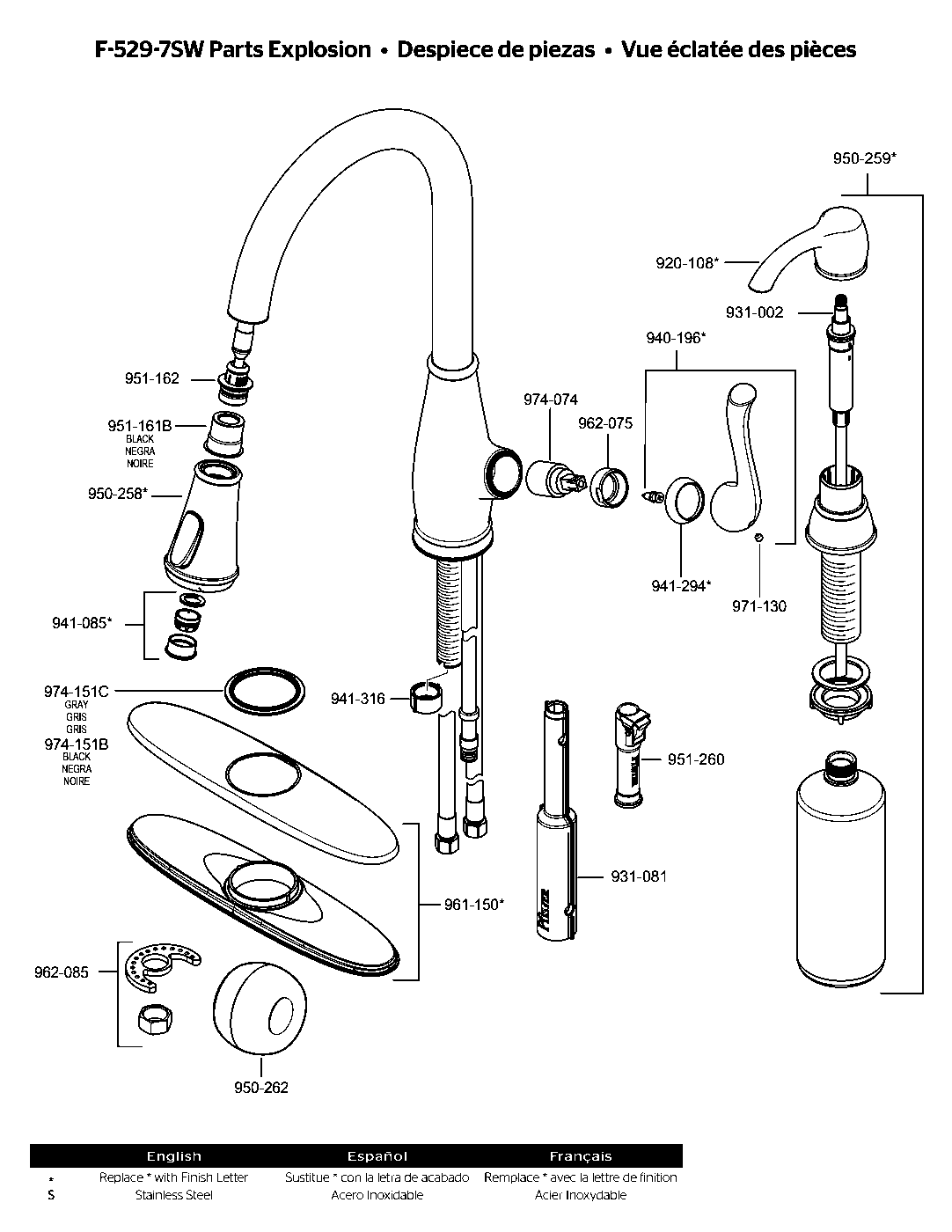 Sedgwick 1-Handle Pull-Down Kitchen Faucet parts diagram