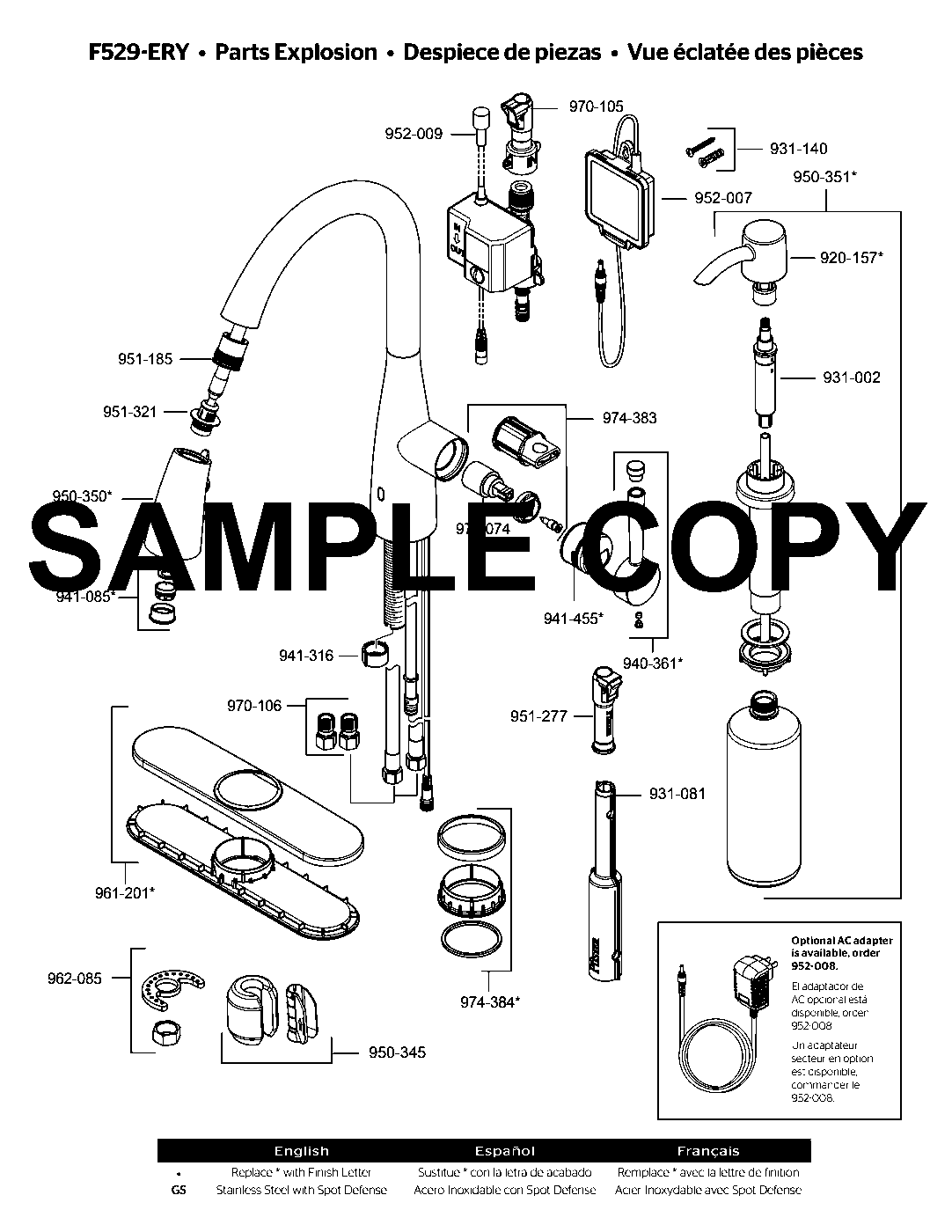Raya 1-Handle Touchless Kitchen Faucet parts diagram