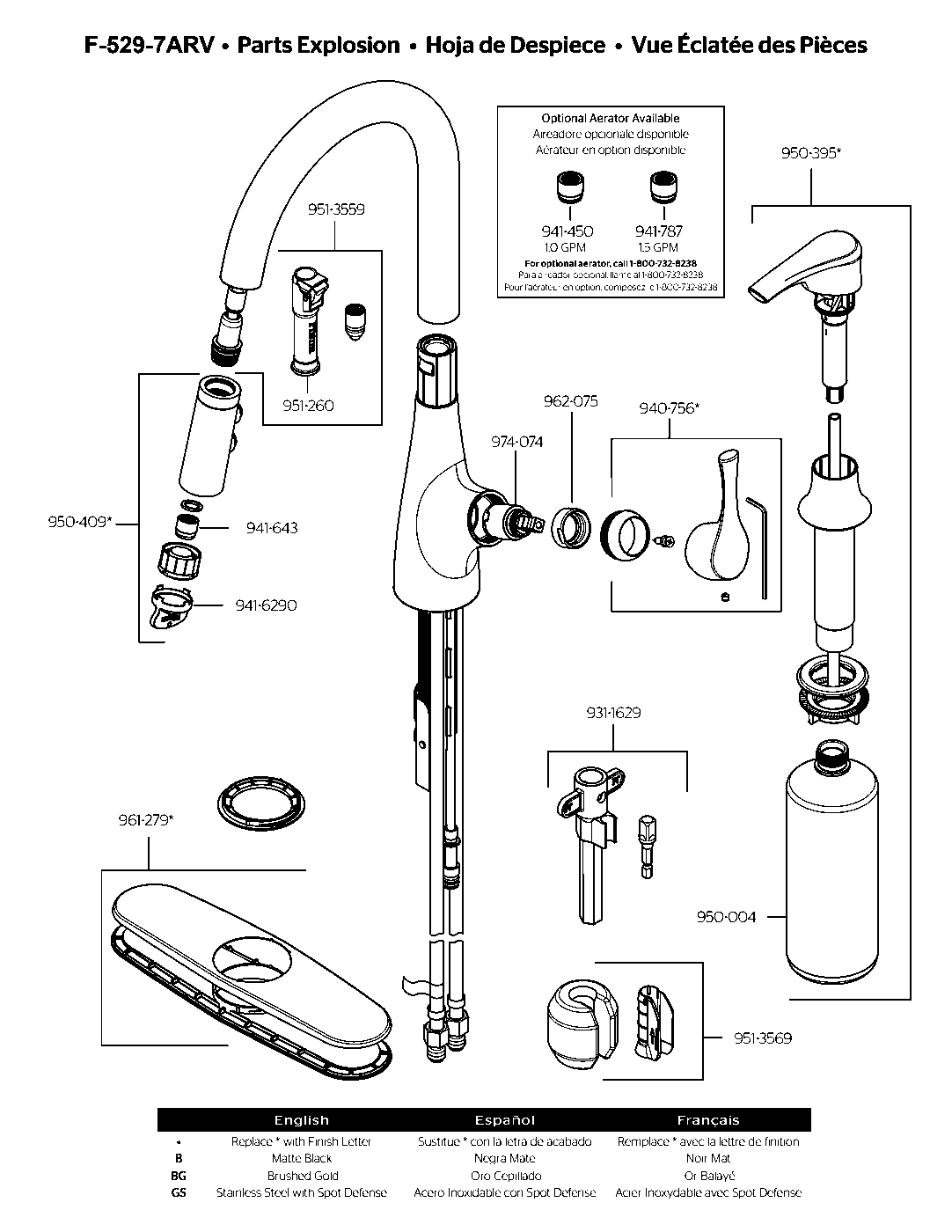 Arvada 1-Handle Pull-Down Kitchen Faucet parts diagram