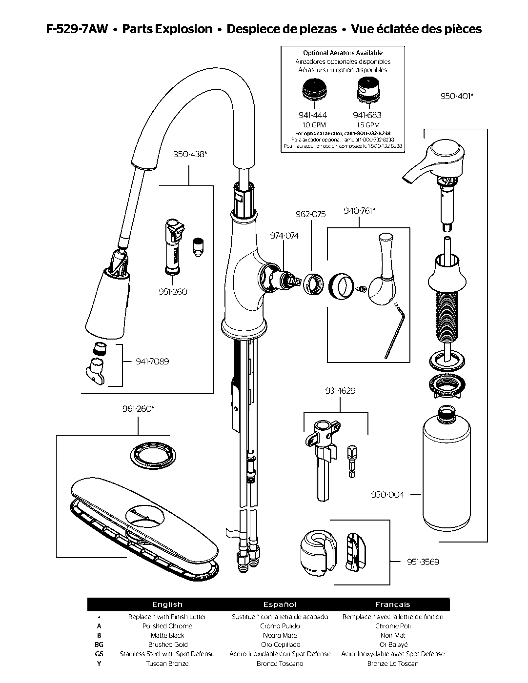 Alderwood 1-Handle Pull-Down Kitchen Faucet parts diagram