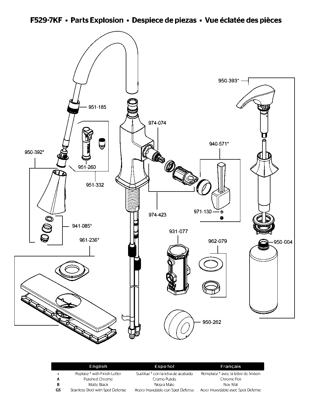 Kroft 1-Handle Pull-Down Kitchen Faucet parts diagram