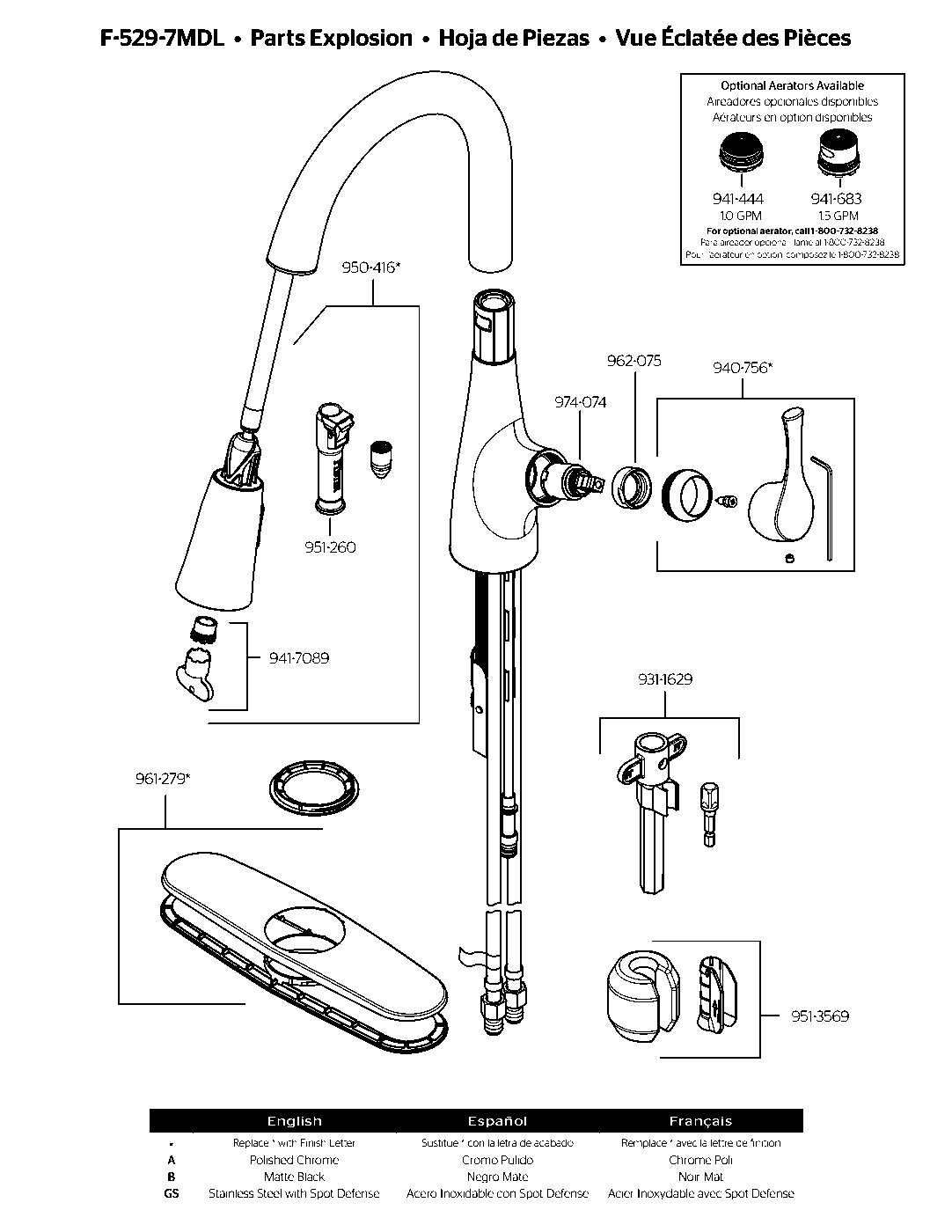 Meadowdale 1-Handle Pull-Down Kitchen Faucet parts diagram