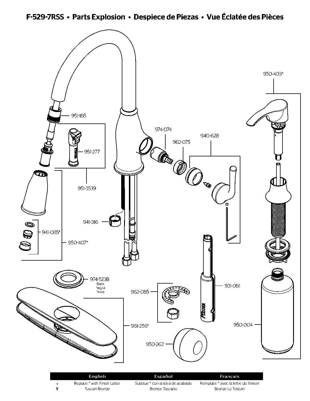 Rosslyn 1-Handle Pull-Down Kitchen Faucet parts diagram