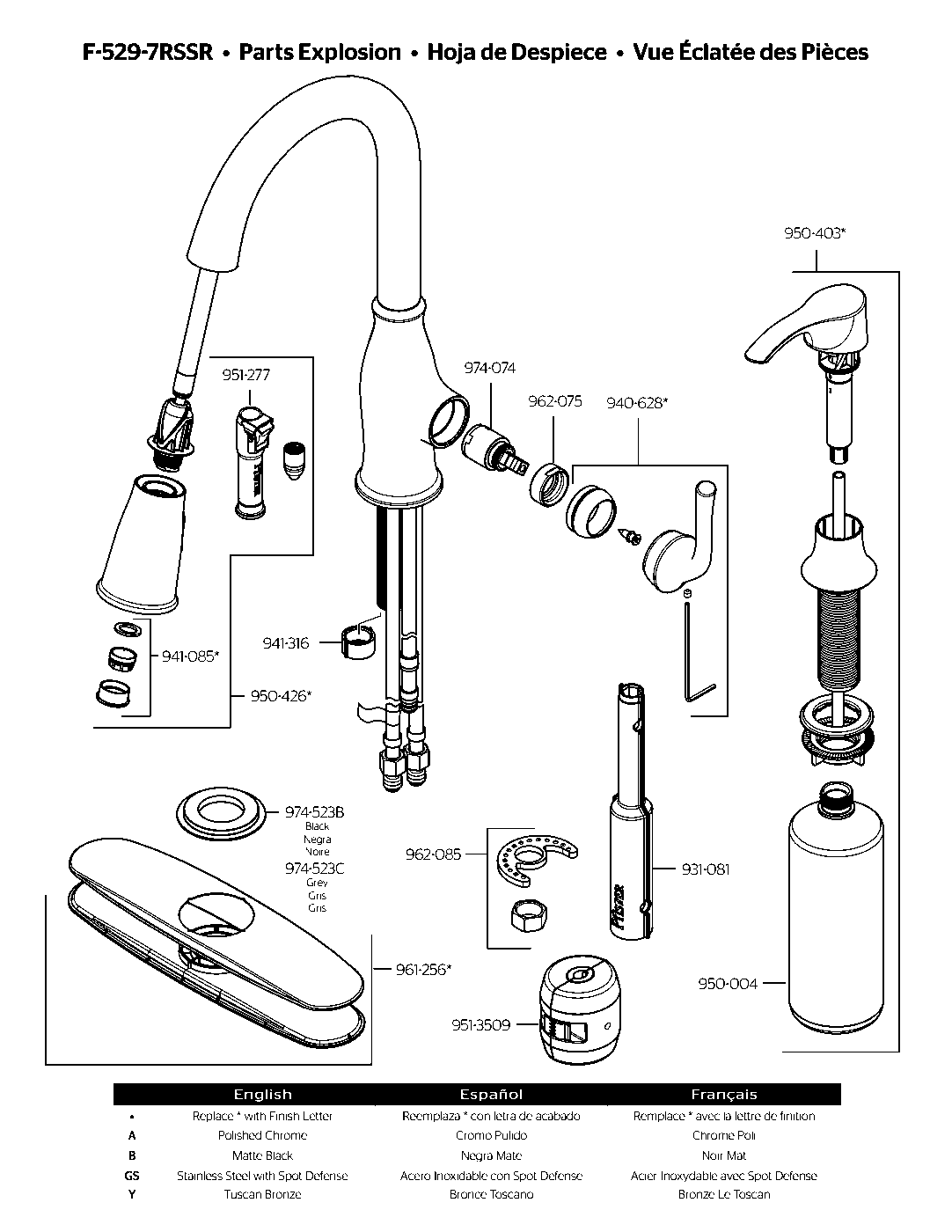 Rosslyn 1-Handle Pull-Down Kitchen Faucet parts diagram