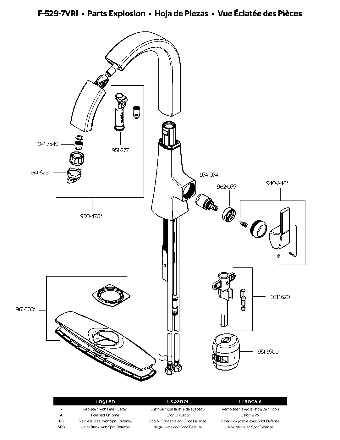 Vaneri 1-Handle Pull-Down Kitchen Faucet parts diagram