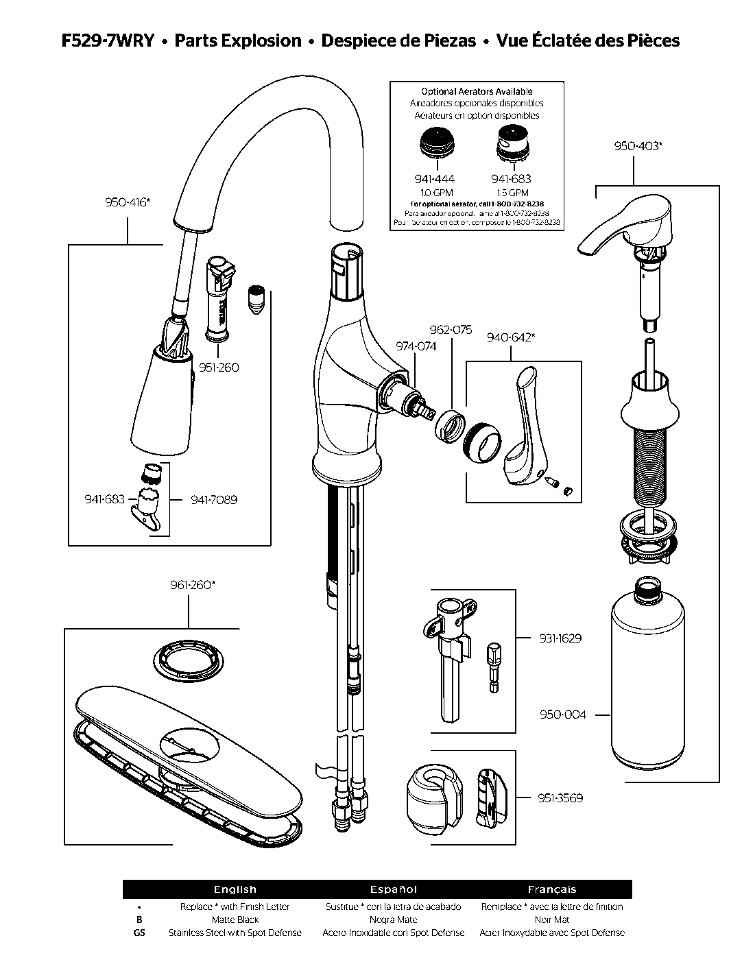 Wray 1-Handle Pull-Down Kitchen Faucet parts diagram