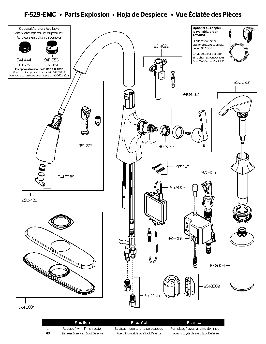 Masey 1-Handle Touchless Kitchen Faucet parts diagram