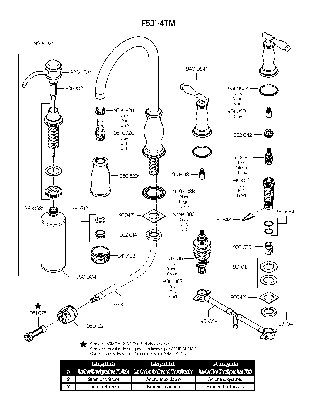 Hanover 2-Handle Pull-Down Kitchen Faucet parts diagram