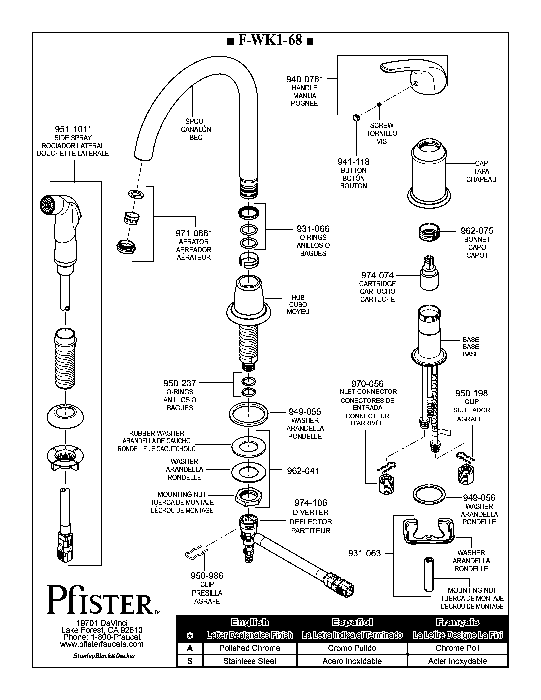 Cagney 1-Handle Kitchen Faucet parts diagram