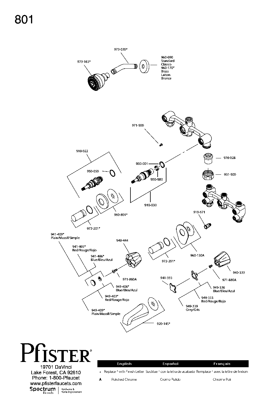 Pfister 3-Handle Tub & Shower Trim with Valve exploded parts diagram