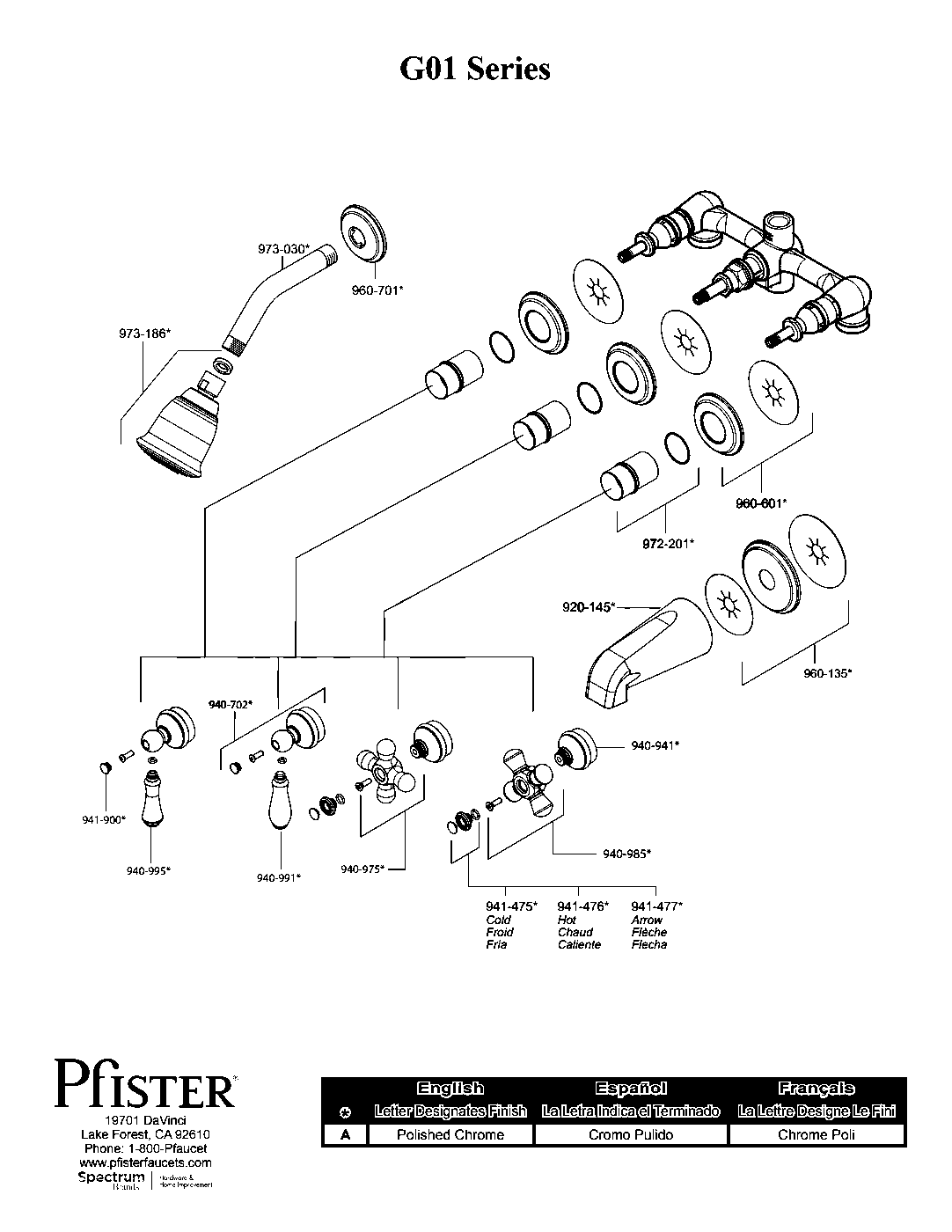 Pfister 3-Handle Tub & Shower Trim Kit parts diagram