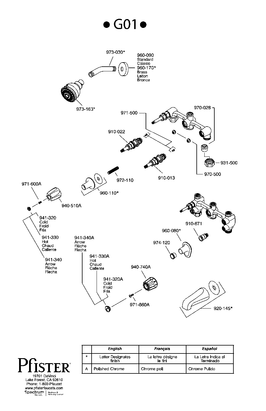 Pfister 3-Handle Tub & Shower Trim Kit parts diagram