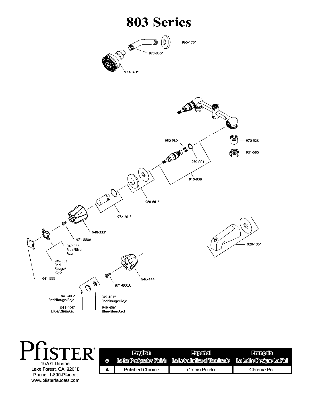 Pfister 2-Handle Tub & Shower Trim with Valve parts diagram