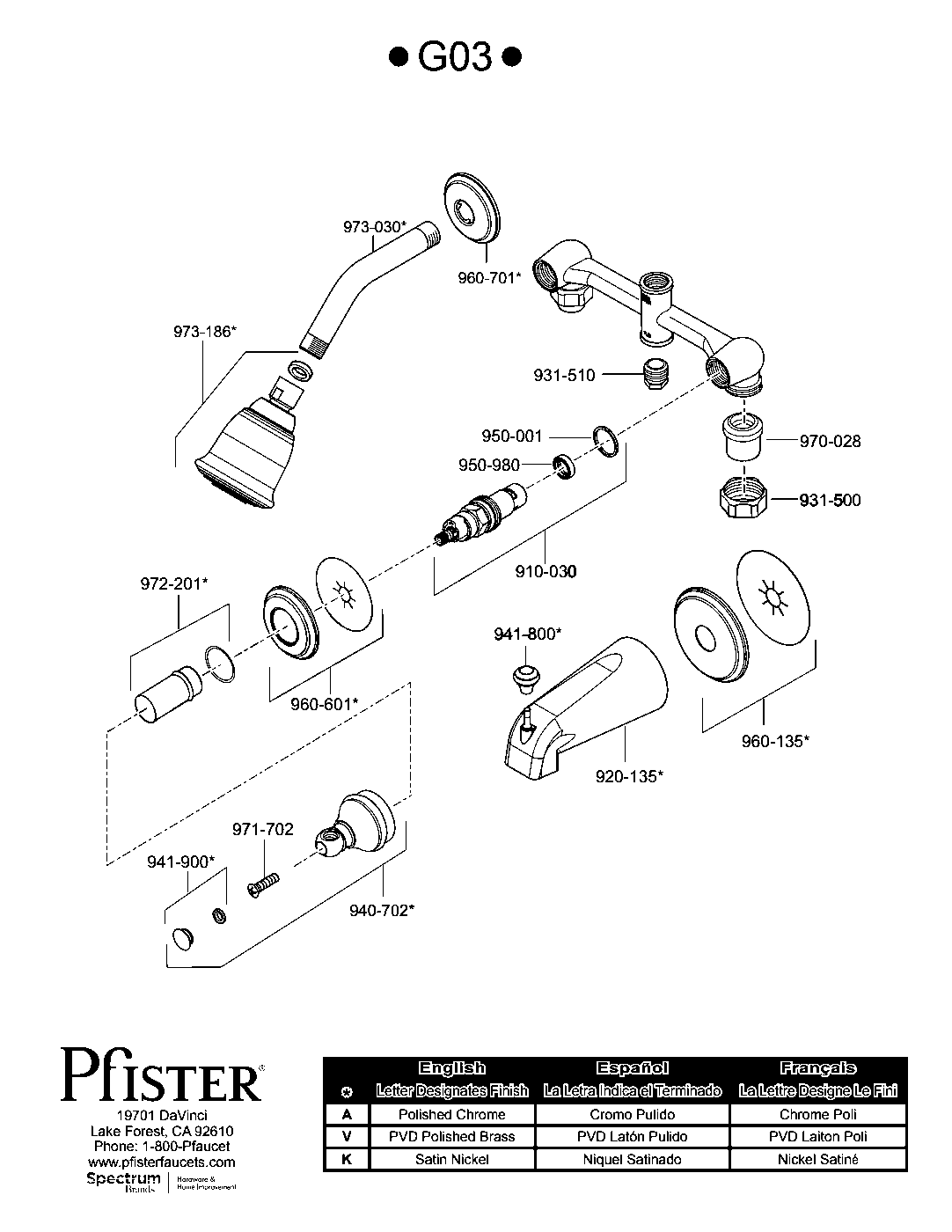 Pfister 2-Handle Tub & Shower Trim Kit parts diagram