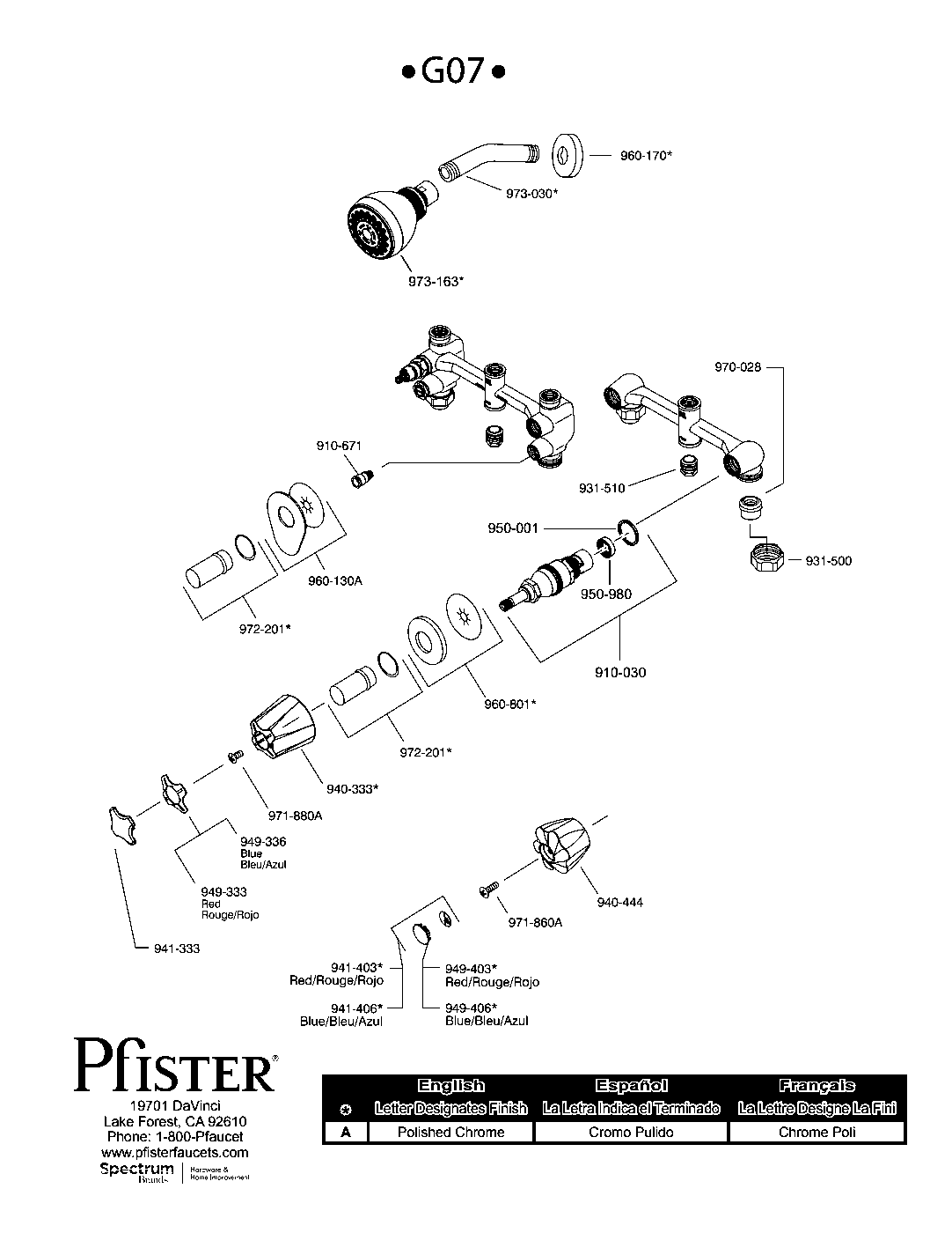 Pfister 2-Handle Shower Only Trim with Valve parts diagram