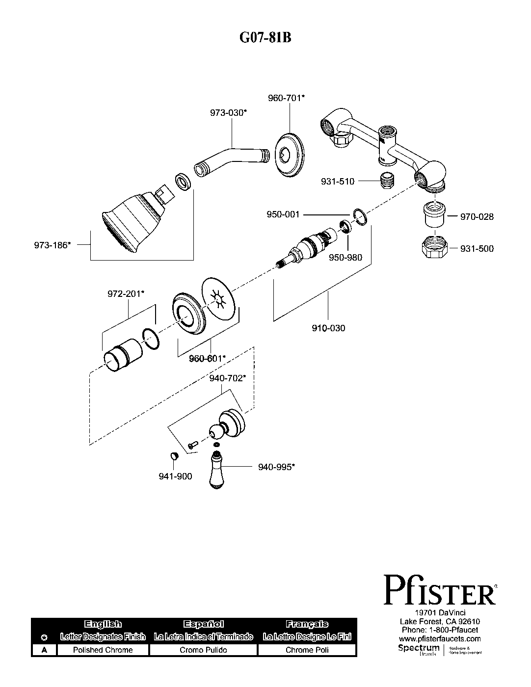 Pfister 2-Handle Shower Only Trim Kit parts diagram