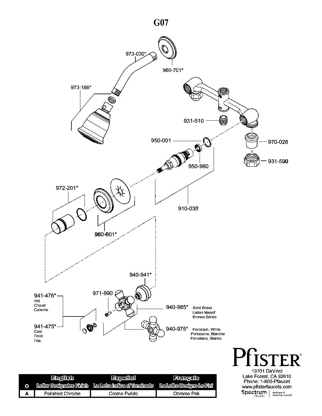 Pfister 2-Handle Shower Only Trim Kit parts diagram