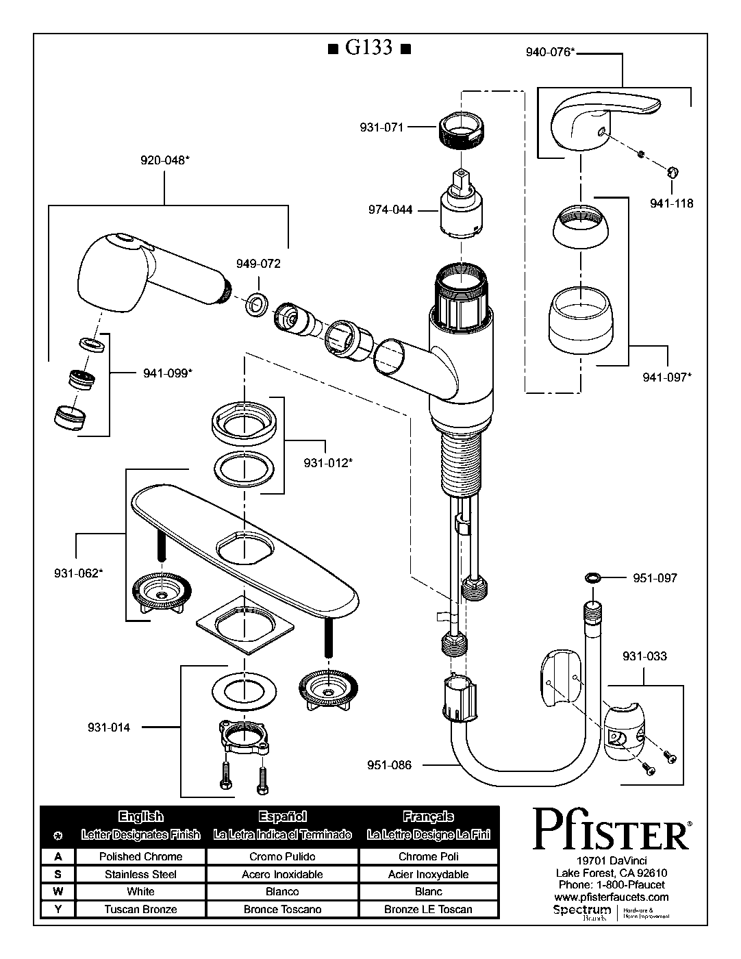 Pfirst Series 1-Handle Pull-Out Kitchen Faucet parts diagram