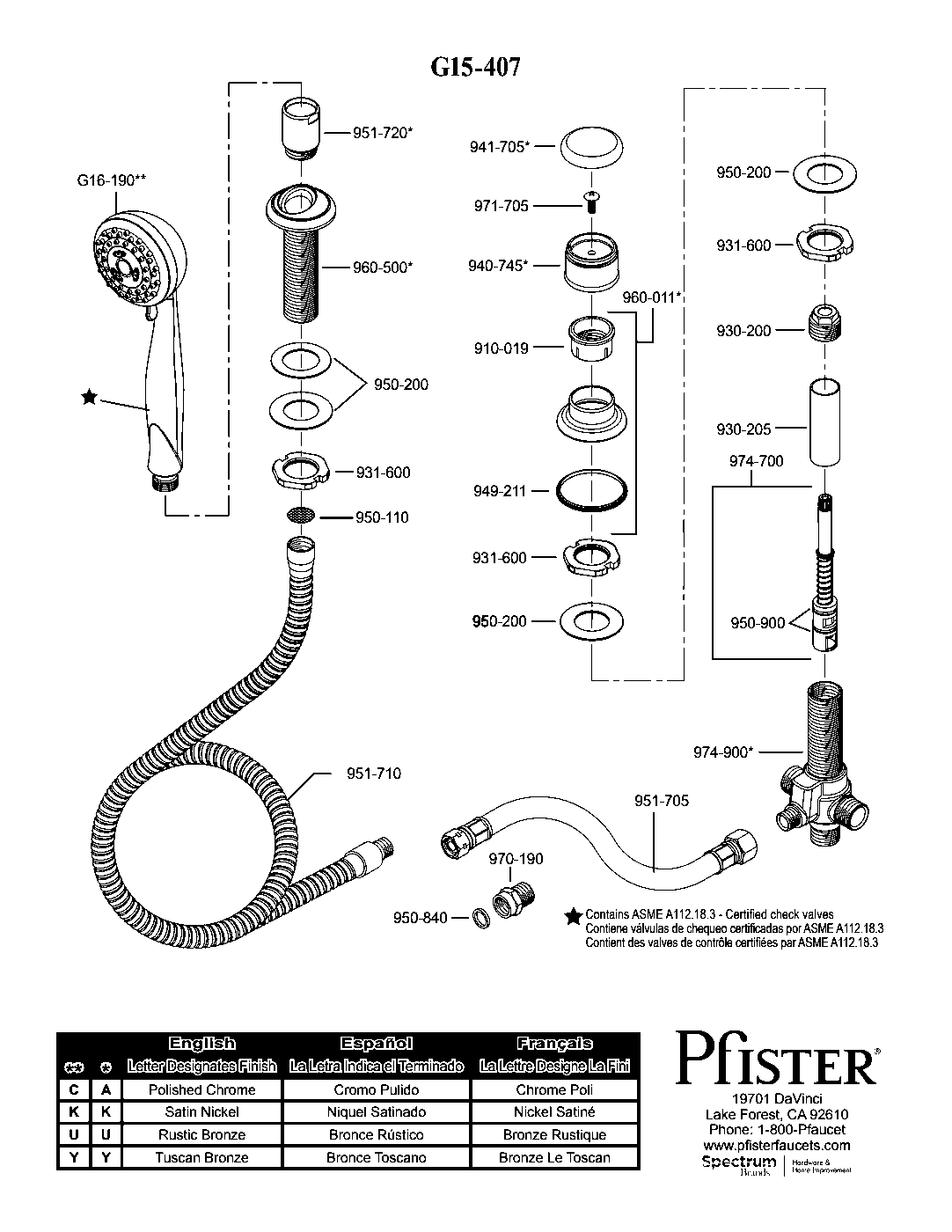 Pfister 2-Handle Roman Tub Trim Kit exploded parts diagram