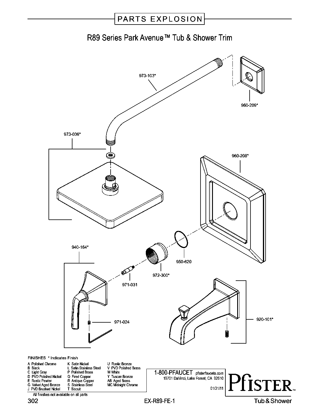 Park Avenue 1-Handle Tub & Shower Trim Kit parts diagram