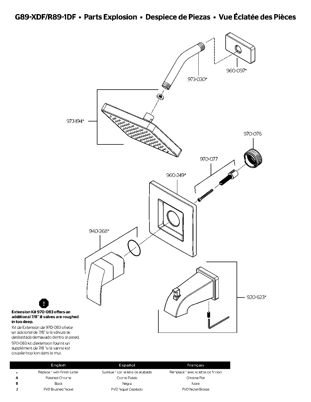 Kenzo 1-Handle Tub & Shower Trim Kit parts diagram