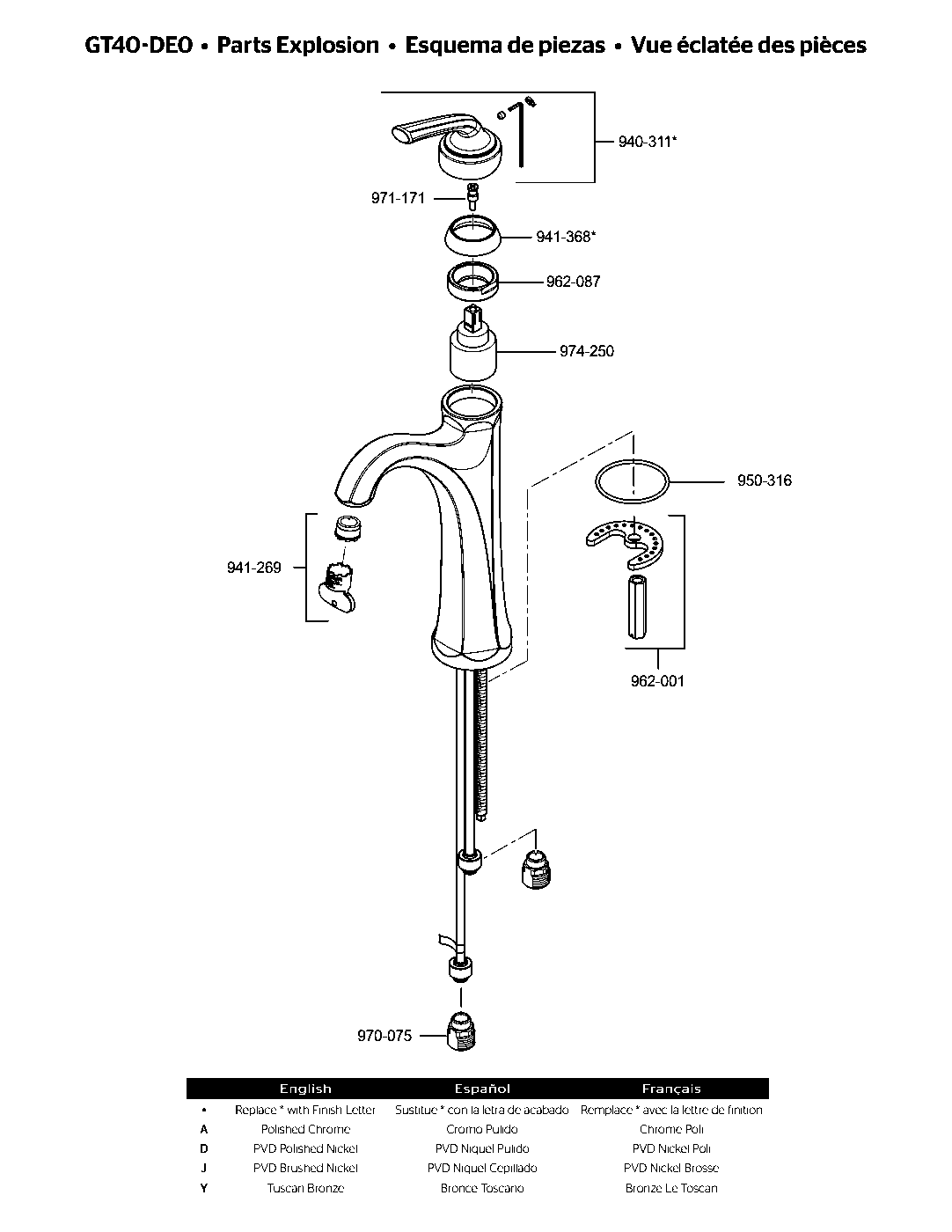 Arterra Single Control Vessel Bathroom Faucet parts diagram