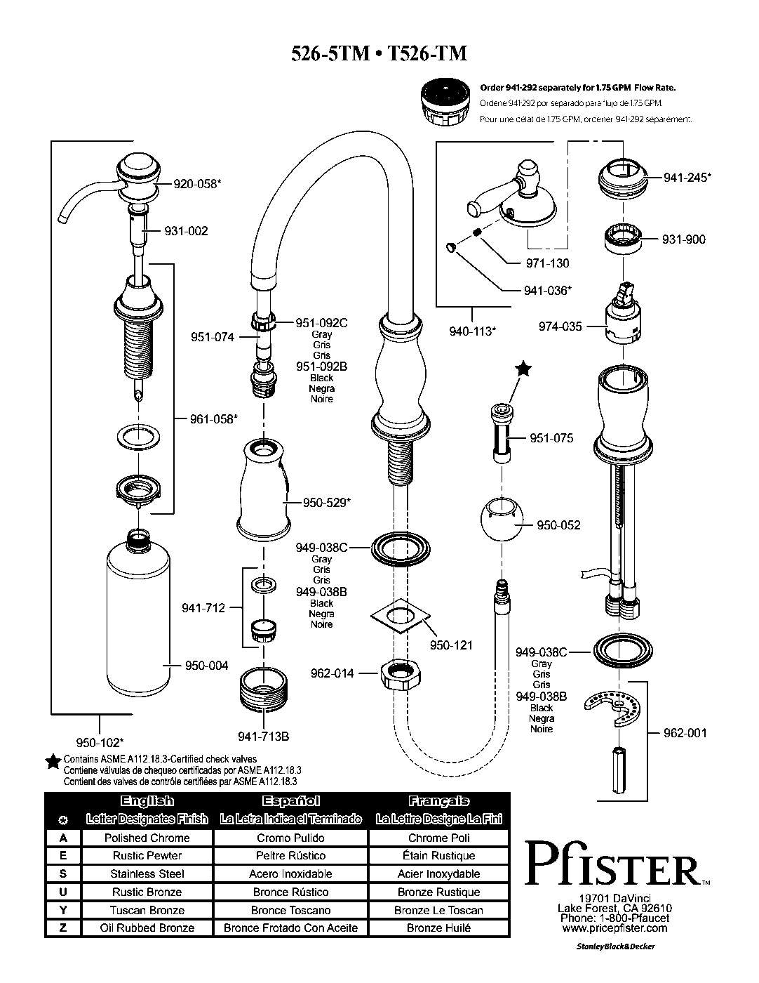 Hanover 1-Handle Pull-Down Kitchen Faucet parts diagram