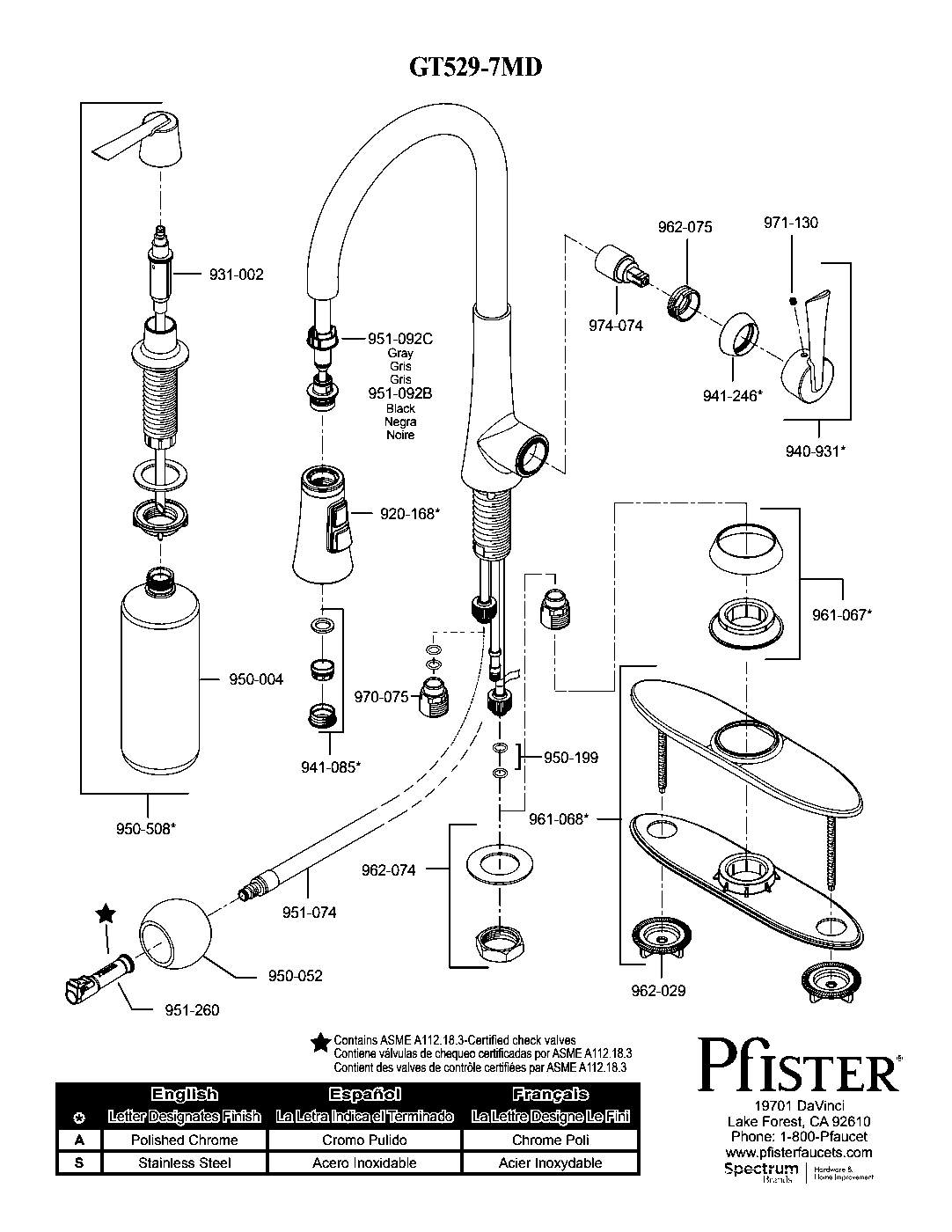 Mystique 1-Handle Pull-Down Kitchen Faucet parts diagram