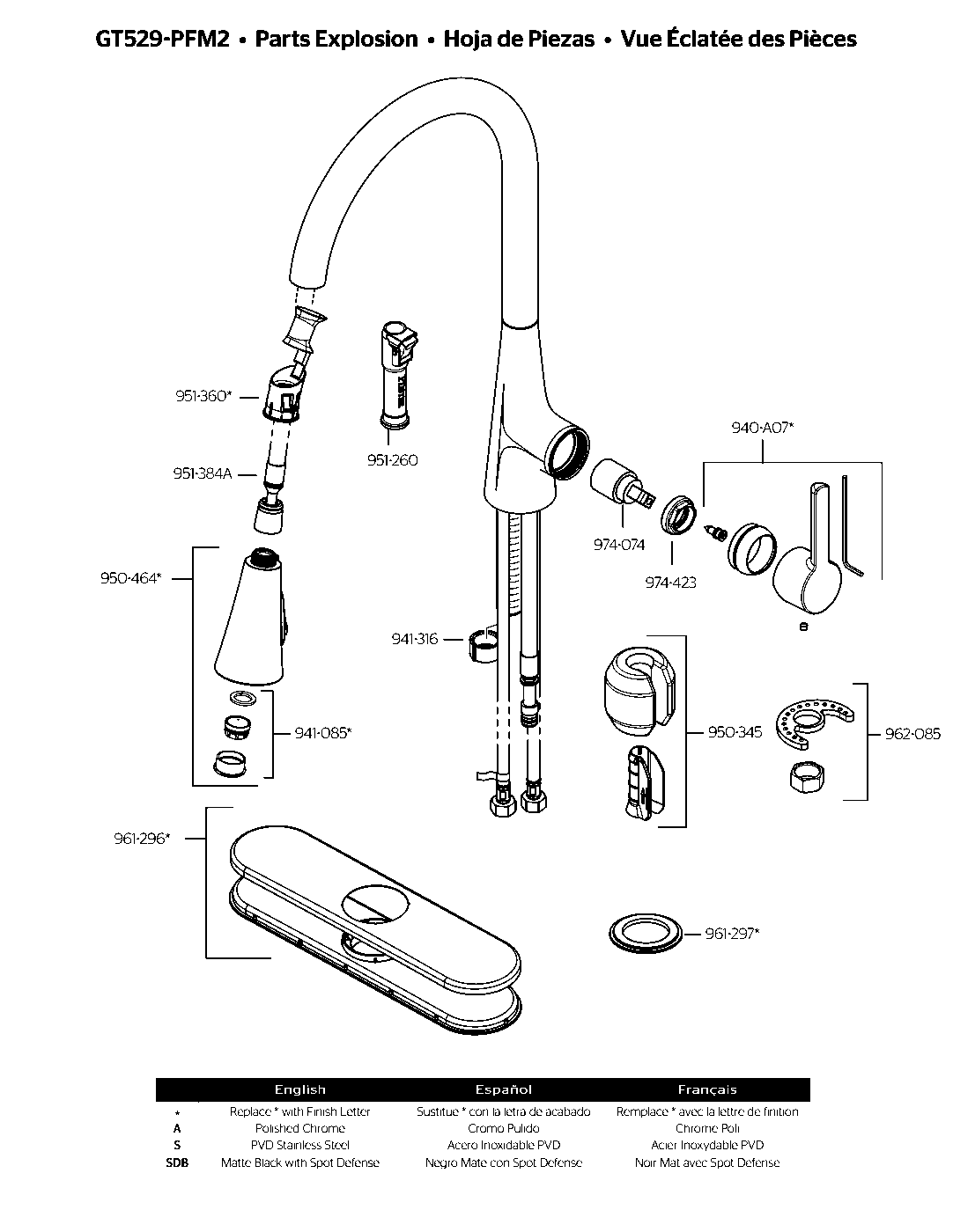 Pfirst Modern 1-Handle Pull-Down Kitchen Faucet exploded parts diagram