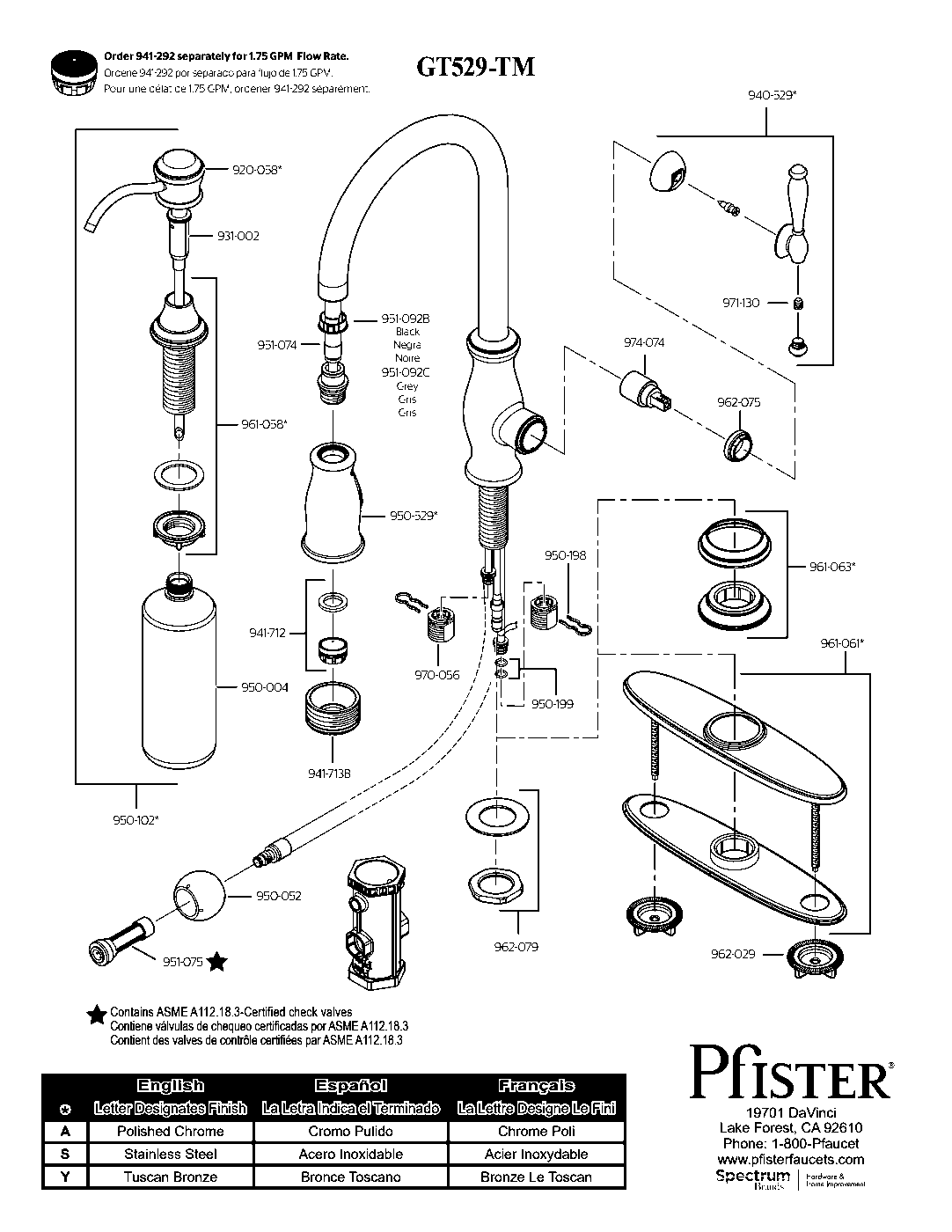 Hanover 1-Handle Pull-Down Kitchen Faucet parts diagram