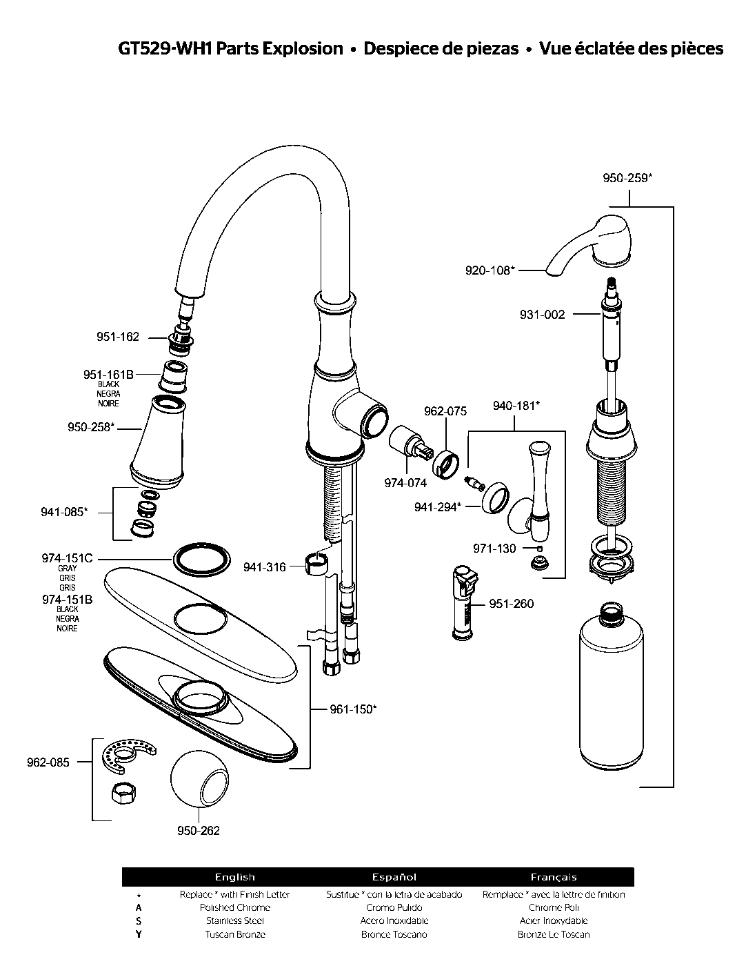 Wheaton 1-Handle Pull-Down Kitchen Faucet exploded parts diagram