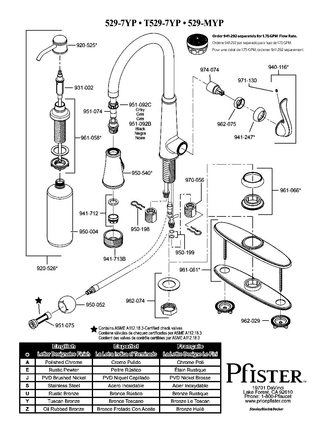Ashfield 1-Handle Pull-Down Kitchen Faucet parts diagram