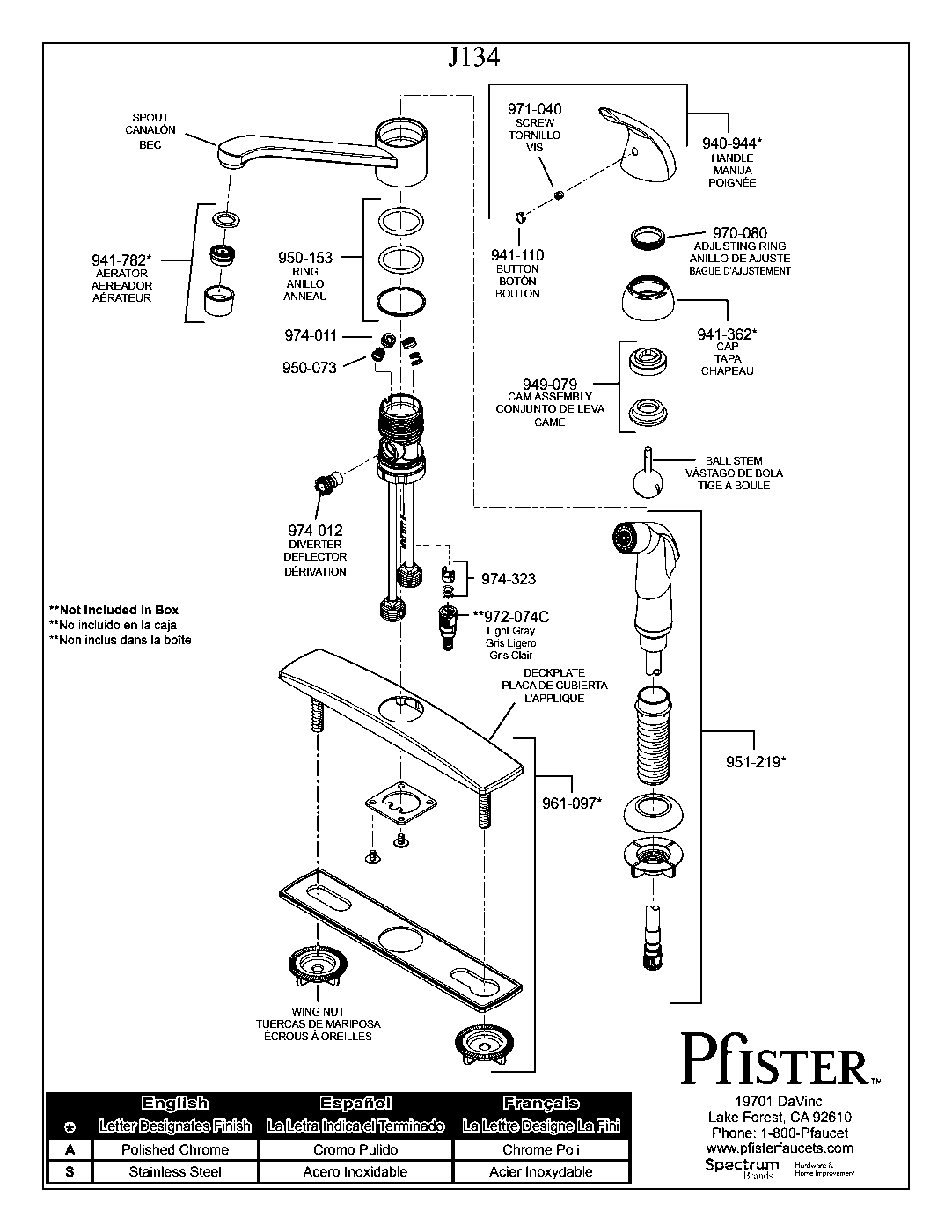 Pfirst Series 1-Handle Kitchen Faucet exploded parts diagram
