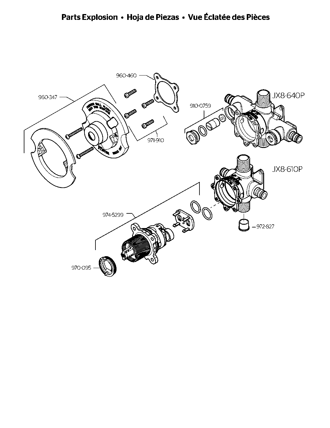 0X8 Valve JX8 Series Tub/Shower Single Handle Pressure Balance Valve exploded parts diagram