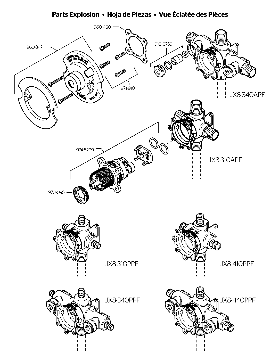 0X8 Valve 0X8 Series Tub & Shower Rough-In Valve exploded parts diagram