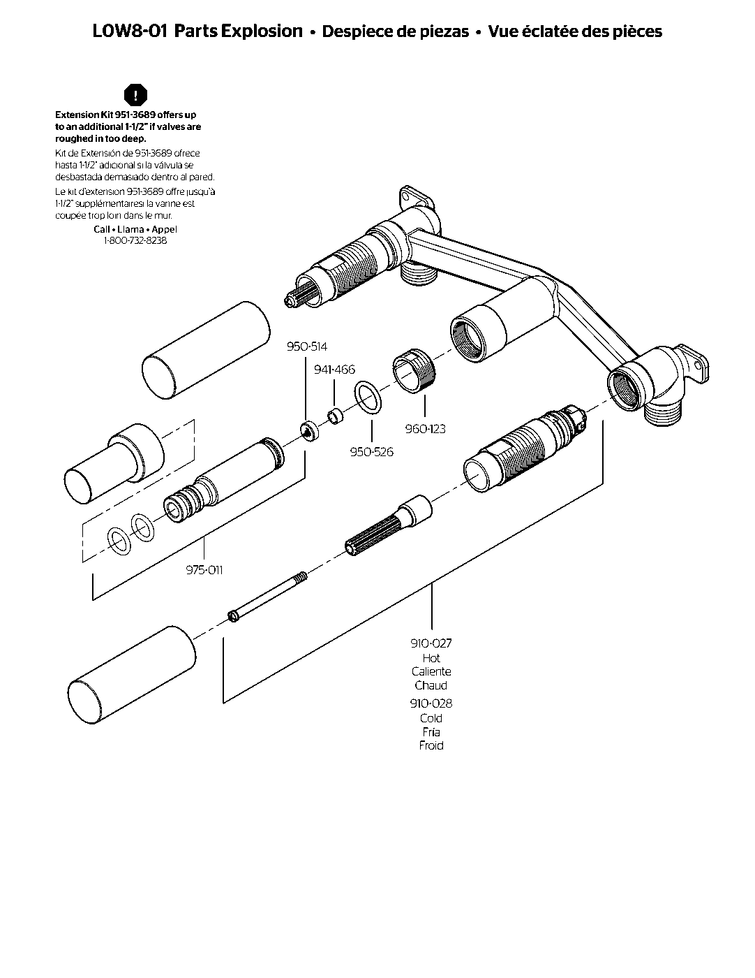 Pfister 8" Fixed Body Bathroom Wall Mount Rough-In Valve exploded parts diagram