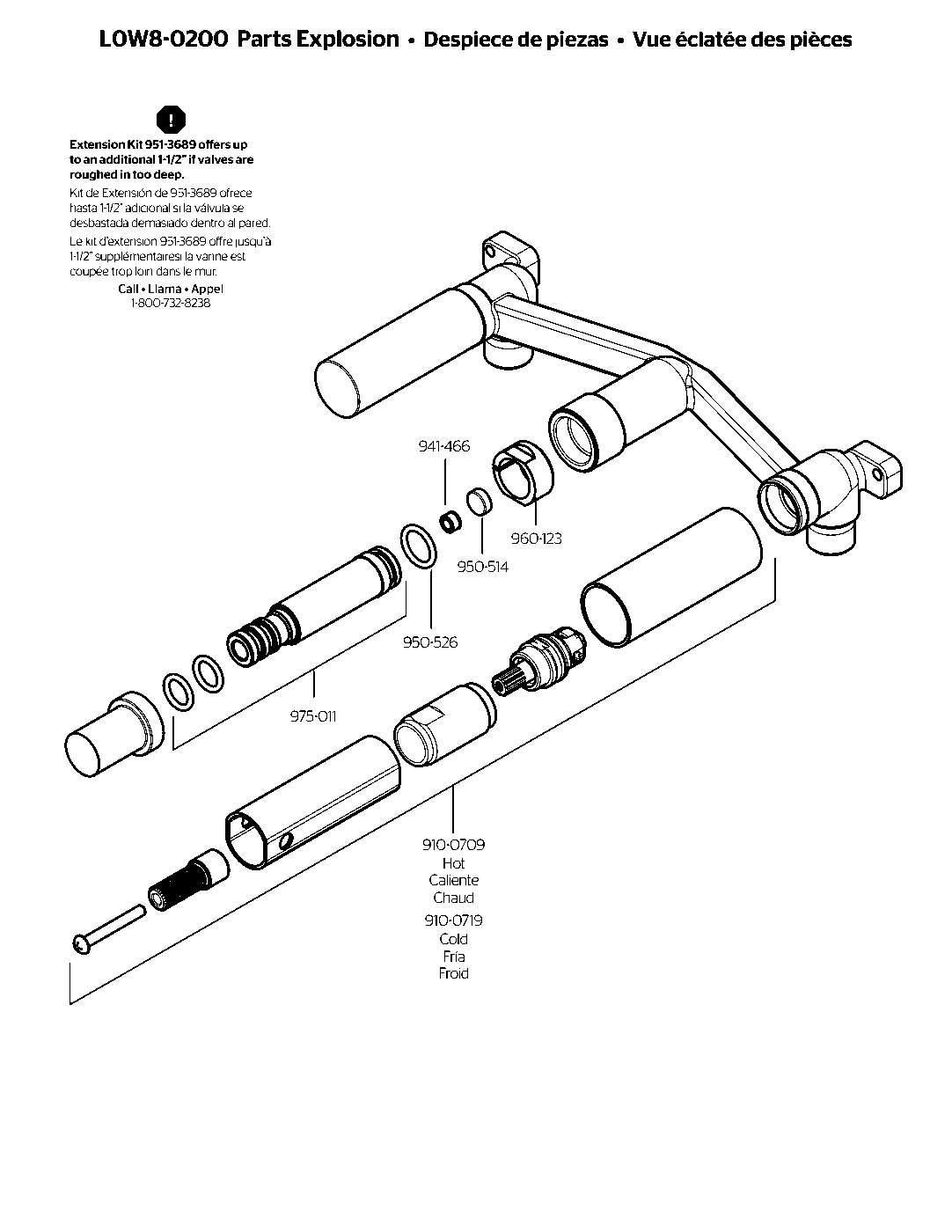 Pfister 8" Fixed Body Bathroom Wall Mount Rough-In Valve exploded parts diagram