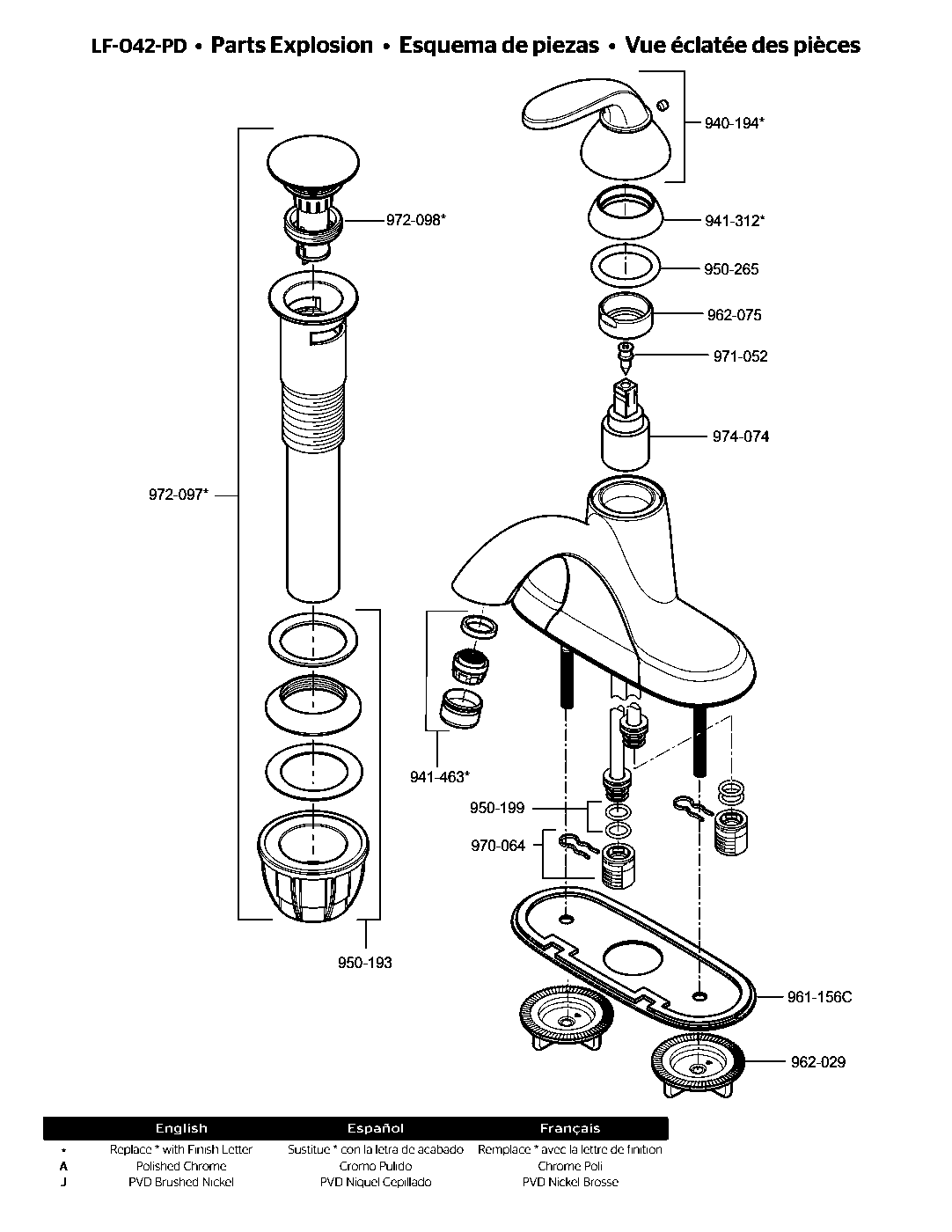 Pasadena 1-Handle 4" Centerset Bathroom Faucet parts diagram
