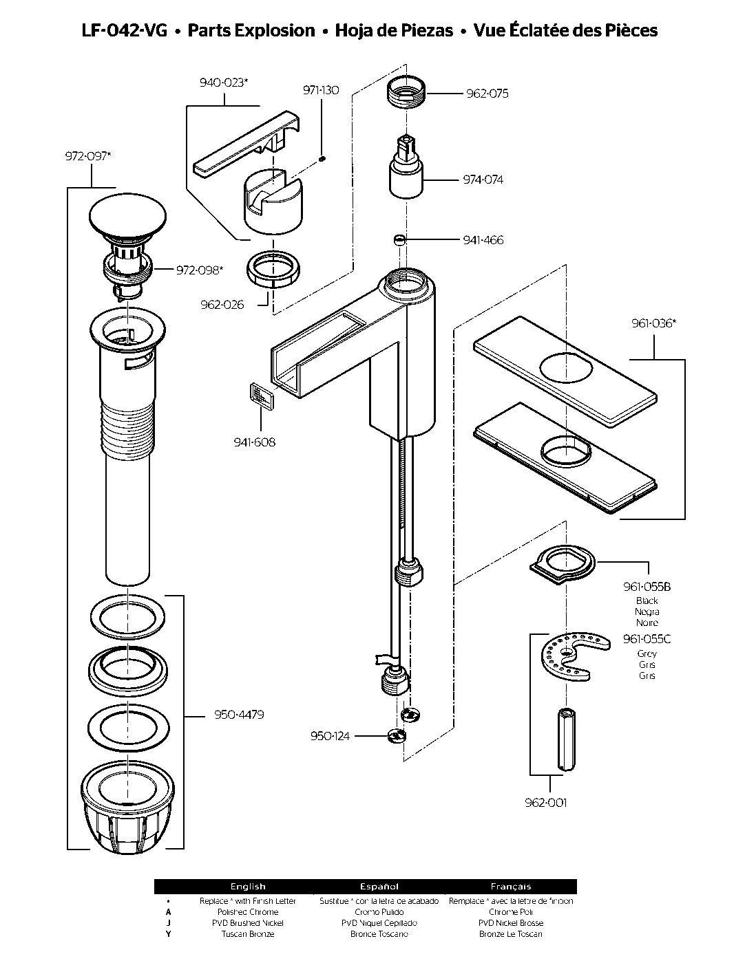 Vega Single Control Bathroom Faucet parts diagram
