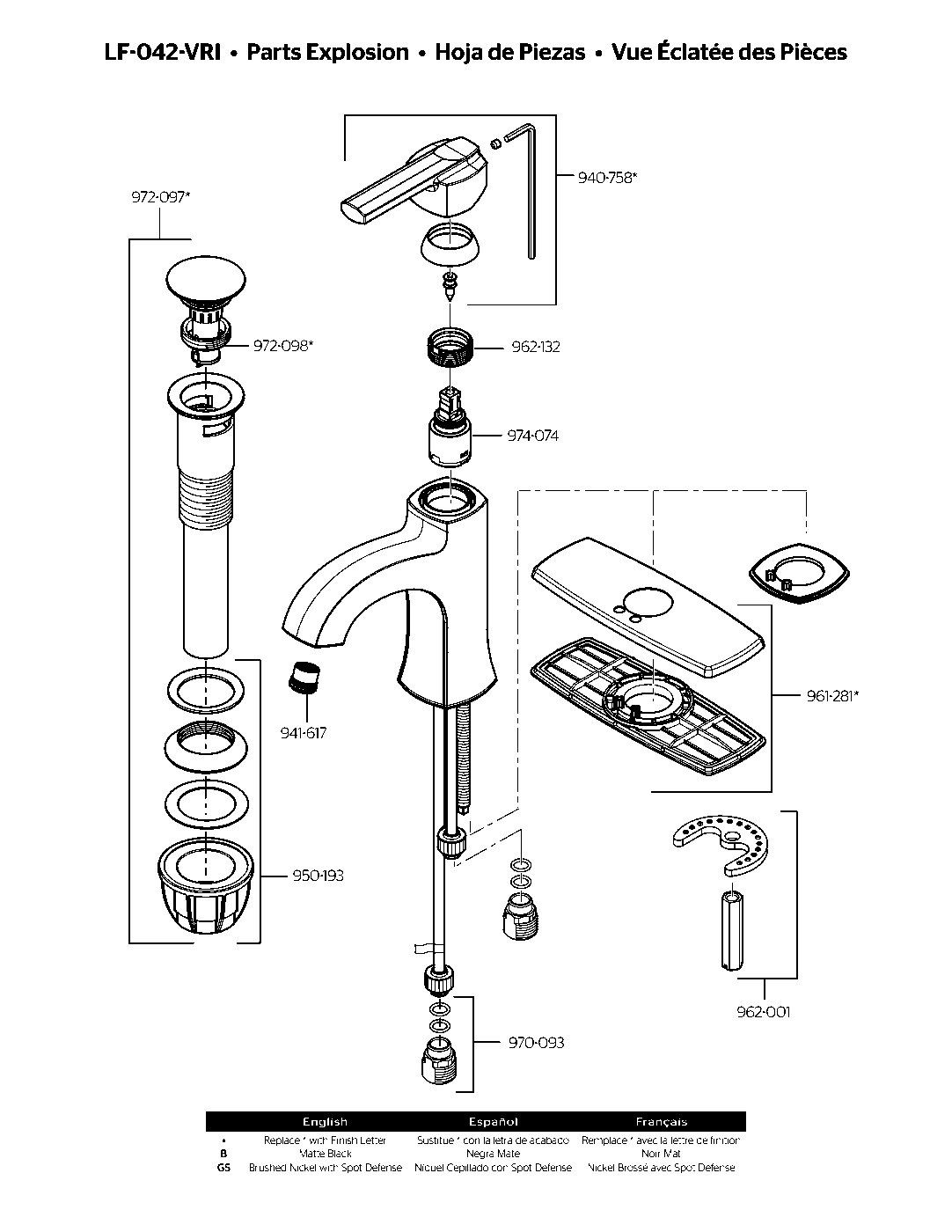 Vaneri Single Control Bathroom Faucet parts diagram