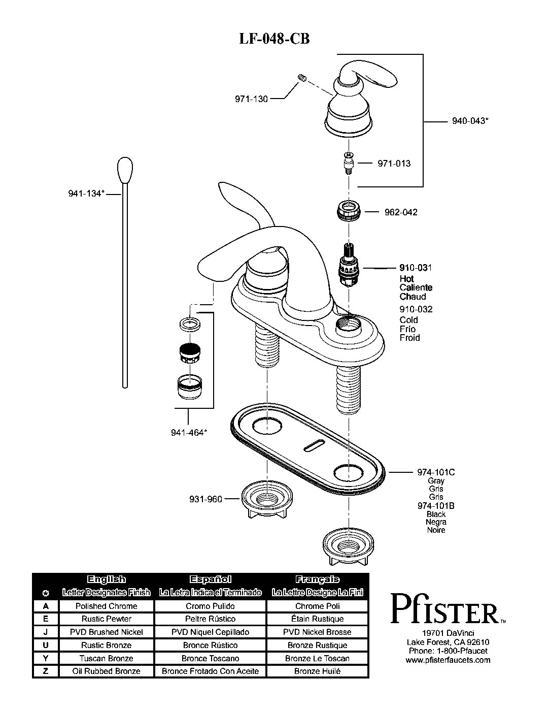 Avalon 2-Handle 4" Centerset Bathroom Faucet parts diagram