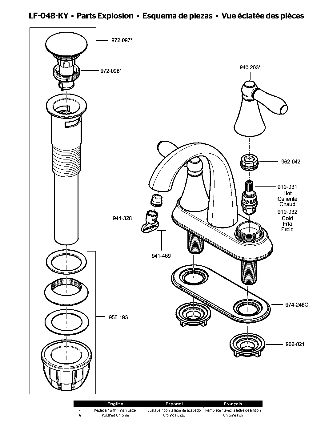 Kaylon 2-Handle 4" Centerset Bathroom Faucet parts diagram