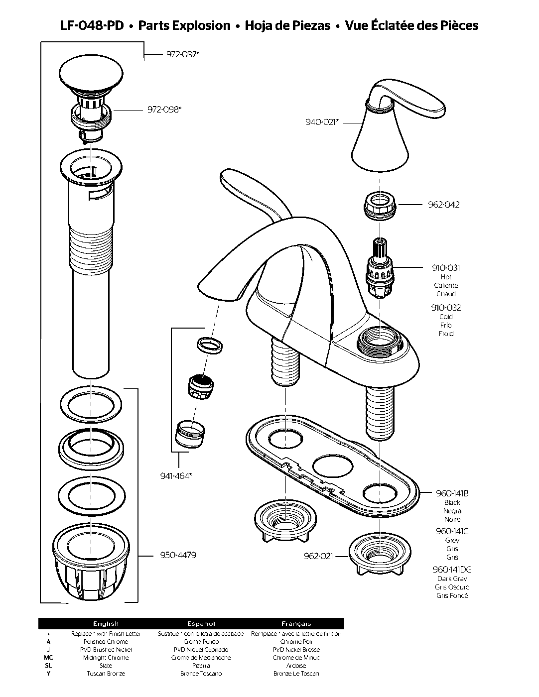 Pasadena 2-Handle 4" Centerset Bathroom Faucet exploded parts diagram