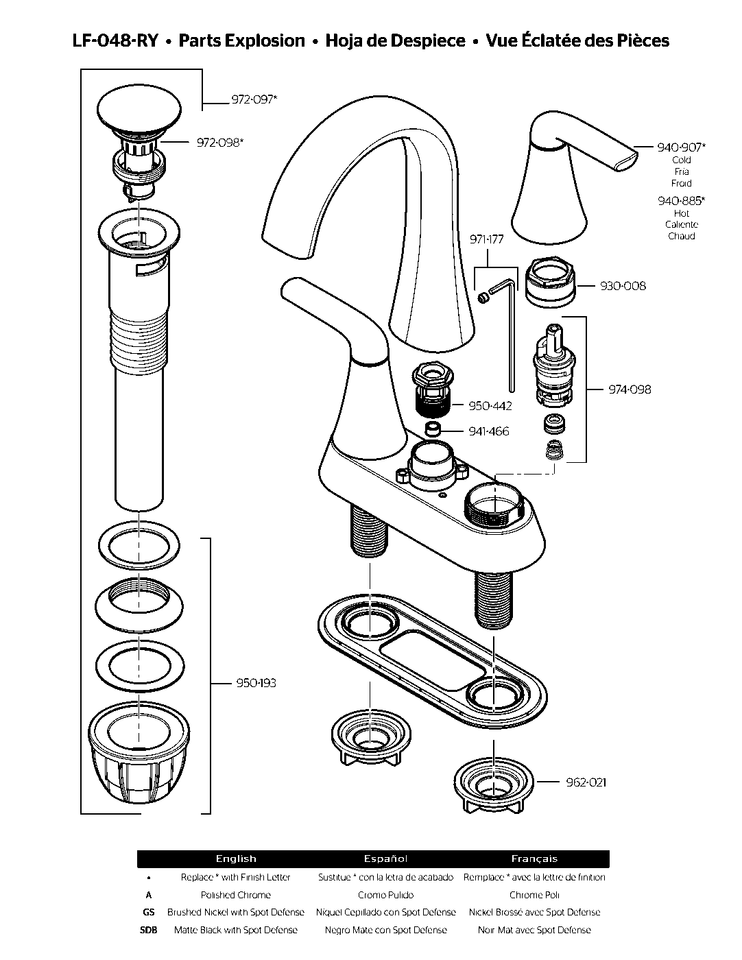 Raya 2-Handle 4" Centerset Bathroom Faucet parts diagram