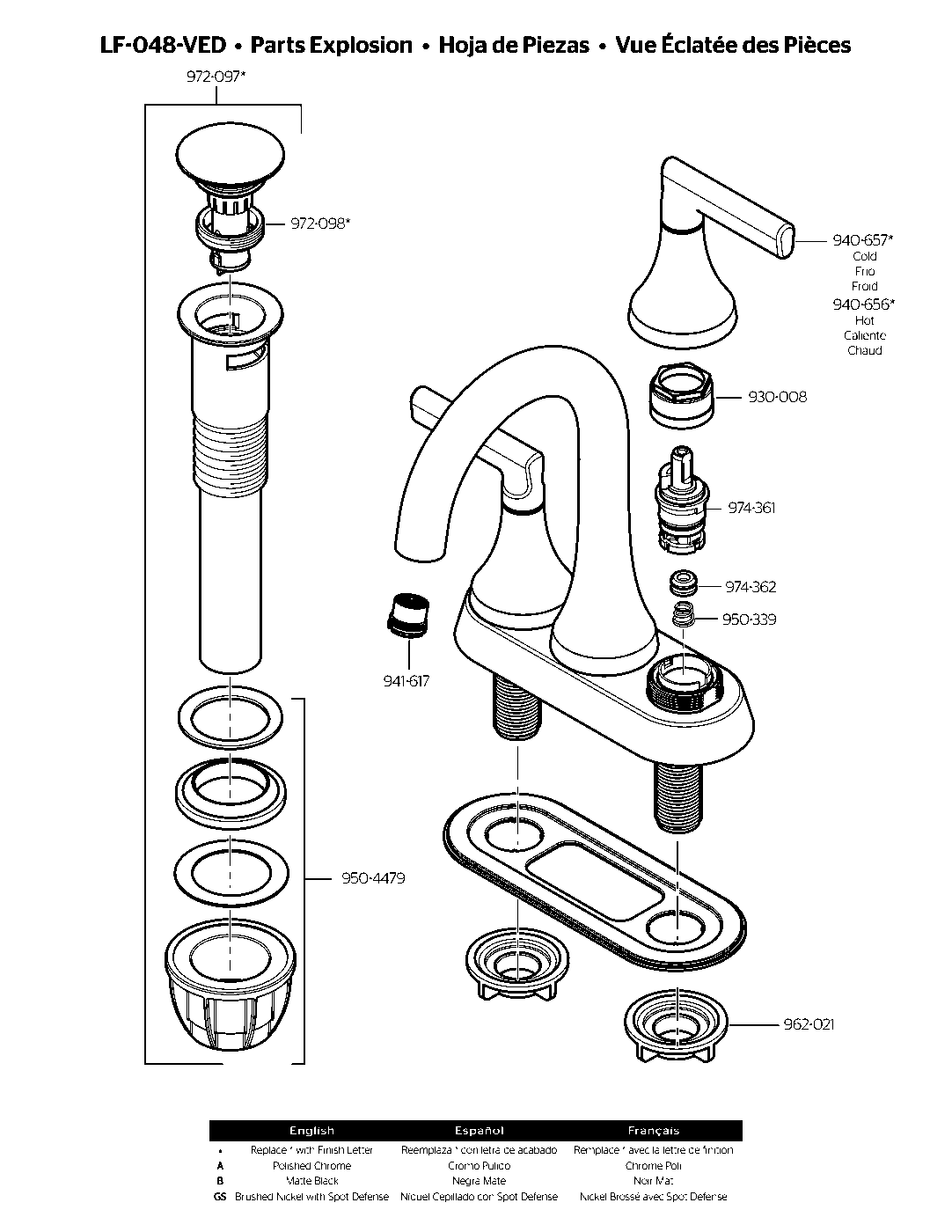 Vedra 2-Handle 4" Centerset Bathroom Faucet parts diagram
