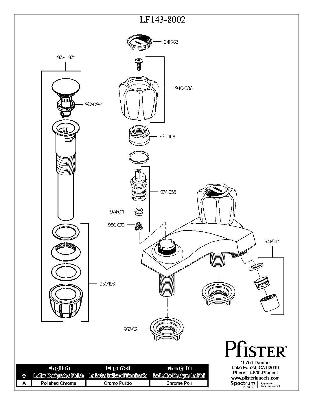 Pfirst Series 2-Handle 4" Centerset Bathroom Faucet exploded parts diagram