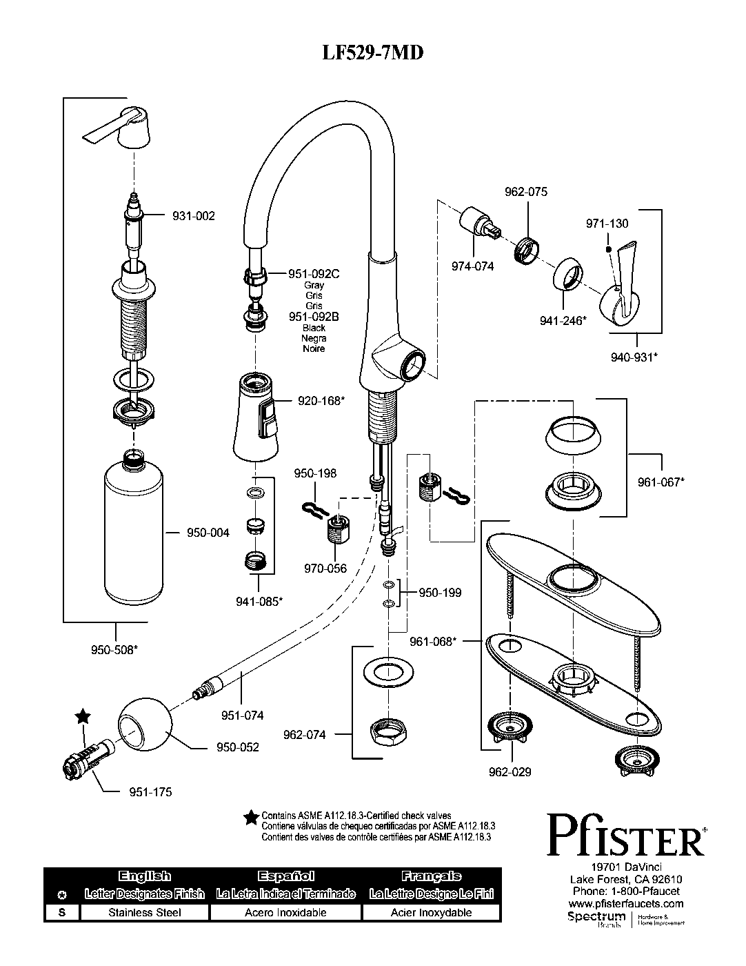Mystique 1-Handle Pull-Down Kitchen Faucet parts diagram