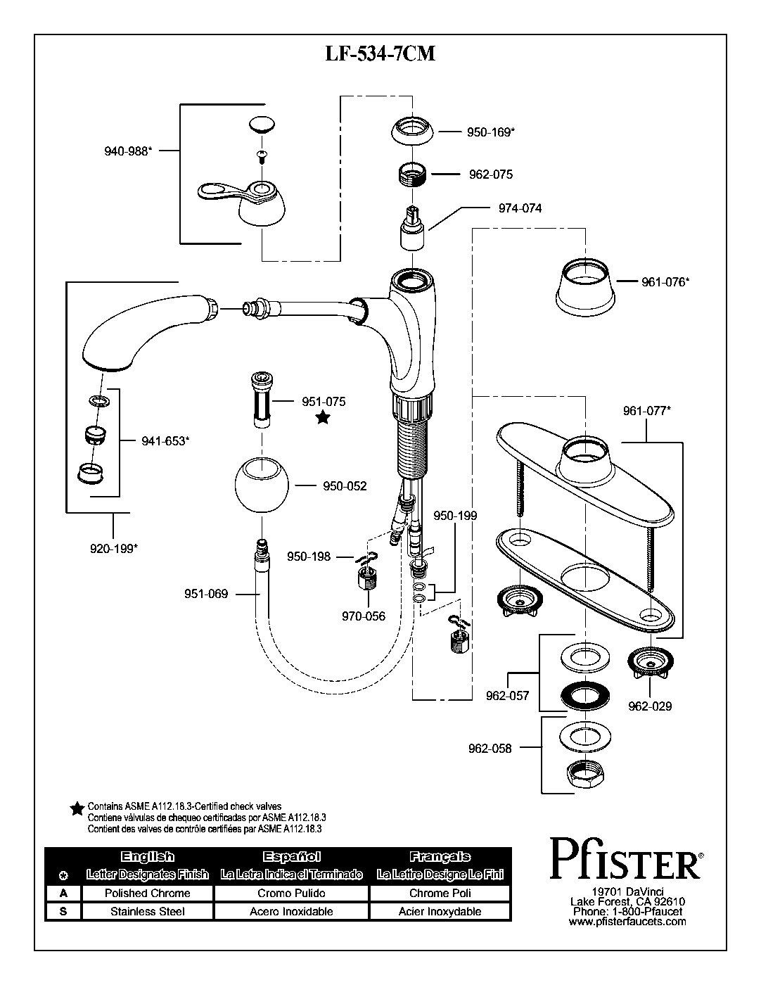 Clairmont 1-Handle Pull-Out Kitchen Faucet parts diagram