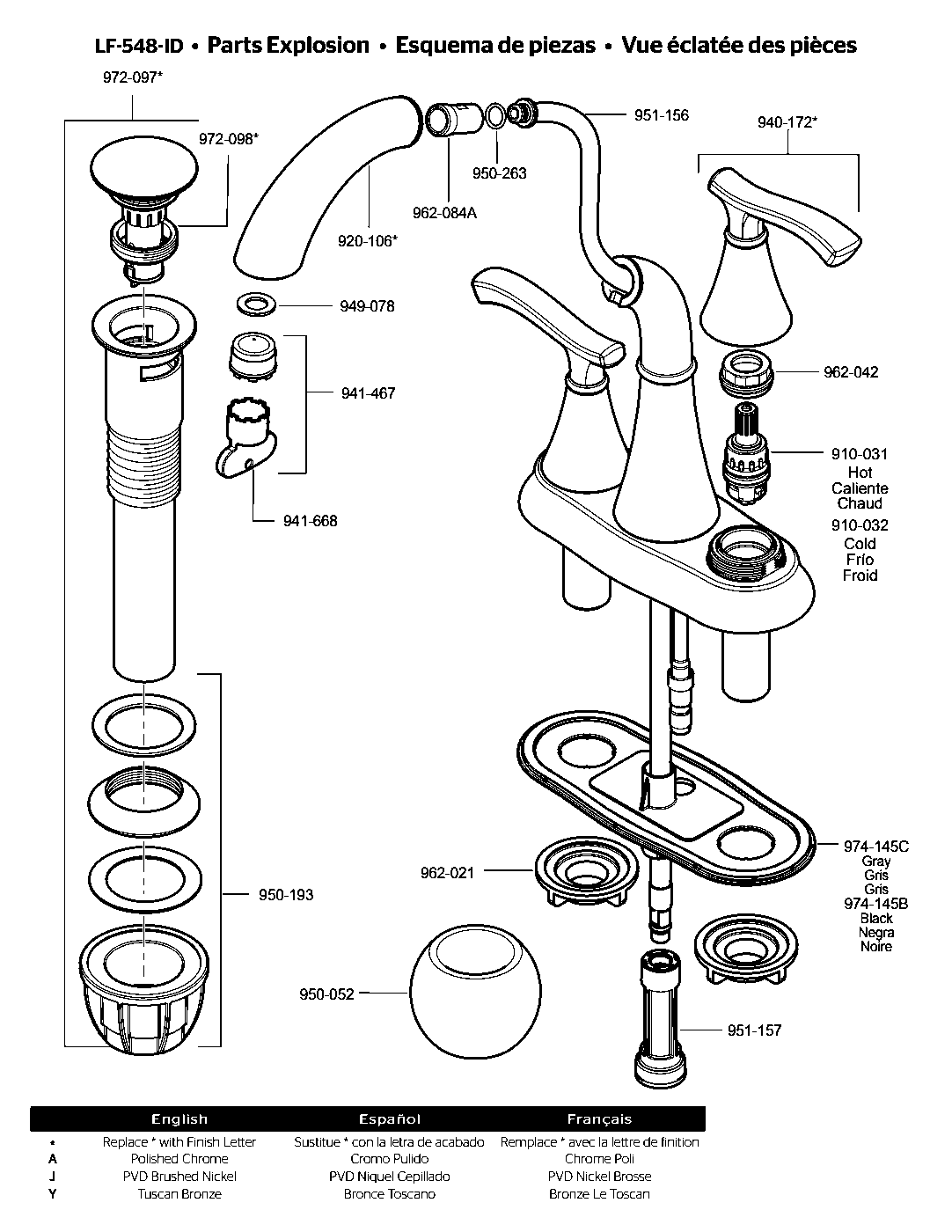 Ideal 2-Handle 4" Centerset Bathroom Faucet parts diagram